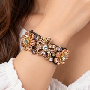 Y2K Betsey Johnson Flower Rhinestone Hinged Bracelet Black Cord 8.5” Signed